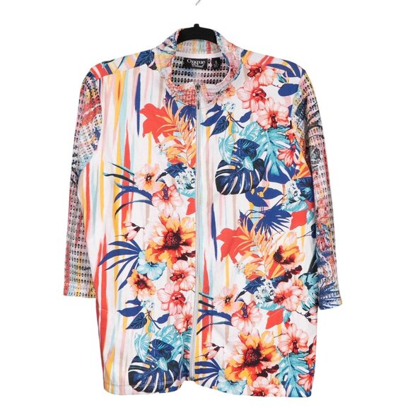 Onque Casual Jackets & Blazers - Onque Casual Floral Jacket L Womens Zip Mesh Back 3/4 Sleeves Bright Spring